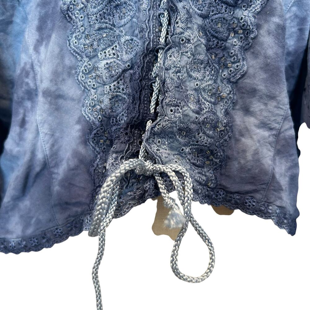Vintage Boho Blue Lace Up Cropped Top Flared Sleeves One Size - Picture 11 of 13